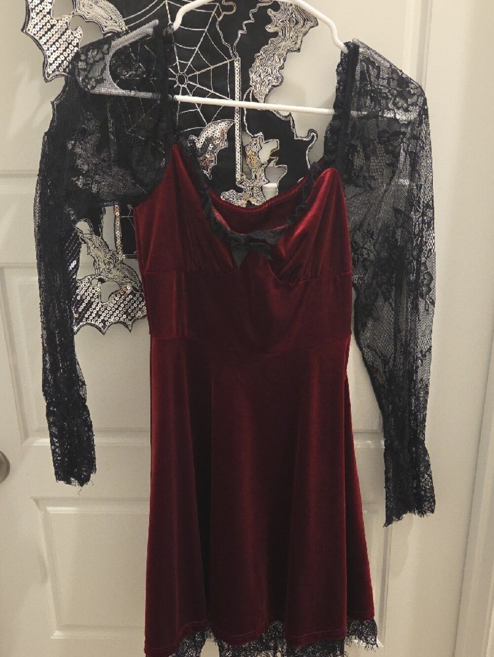 Women's Velvet Lace Trim Chemise Dress - Burgundy